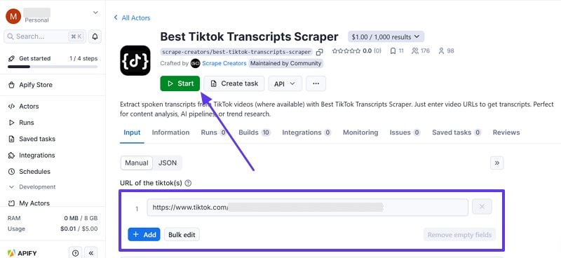 apify screens start tiktok transcription