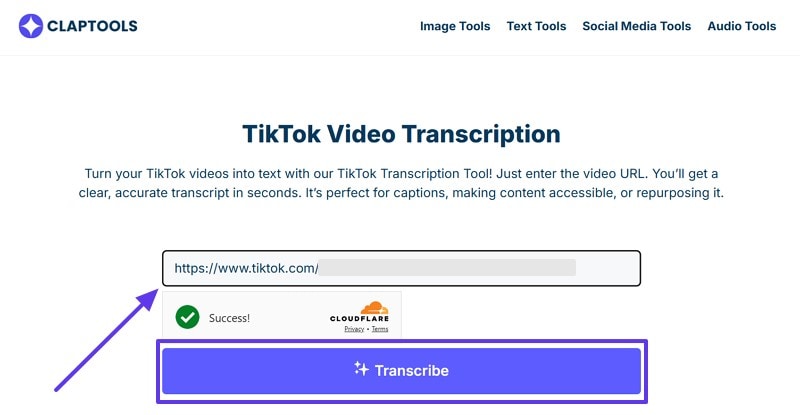 transcribe tiktok link claptools