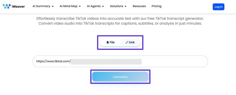 add tiktok video tiktok transcript generator