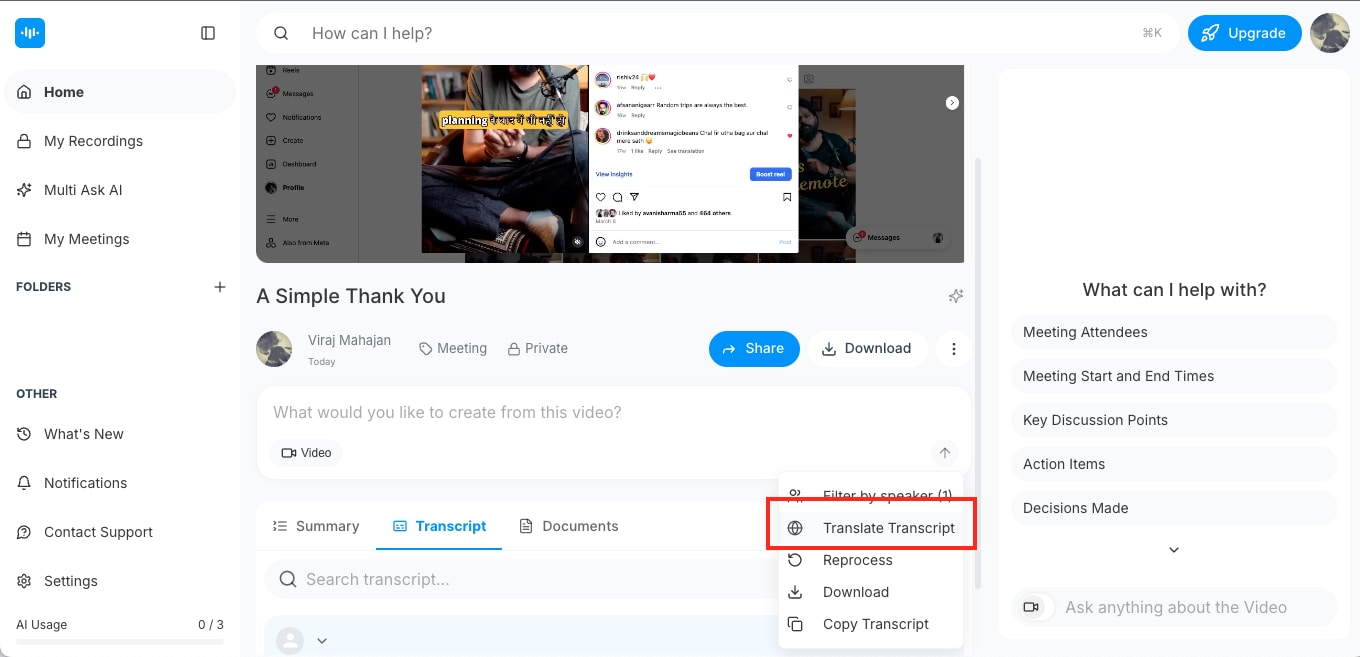 screenapp transcript functions