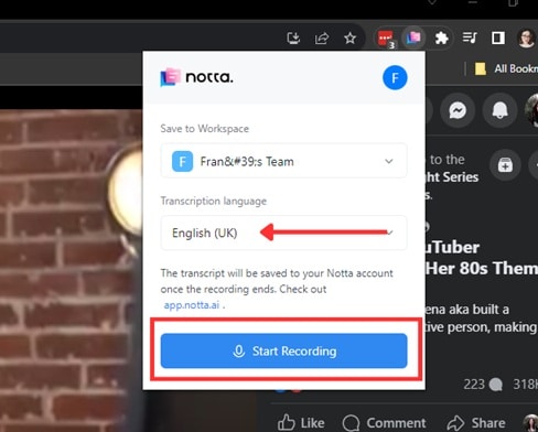 notta chrome transcribe facebook videos