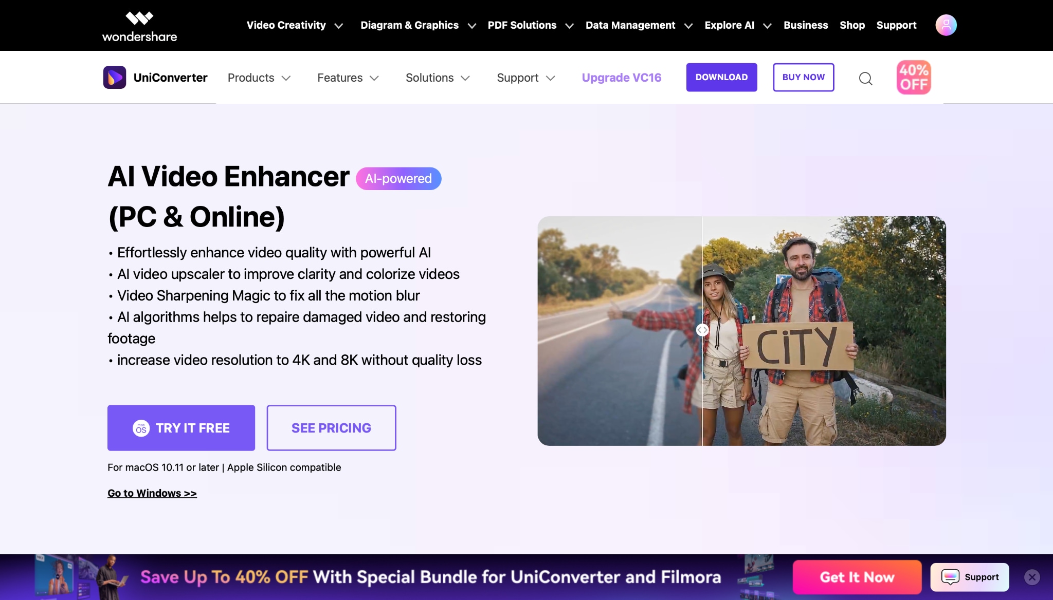 uniconverter’s ai video enhancer interface
