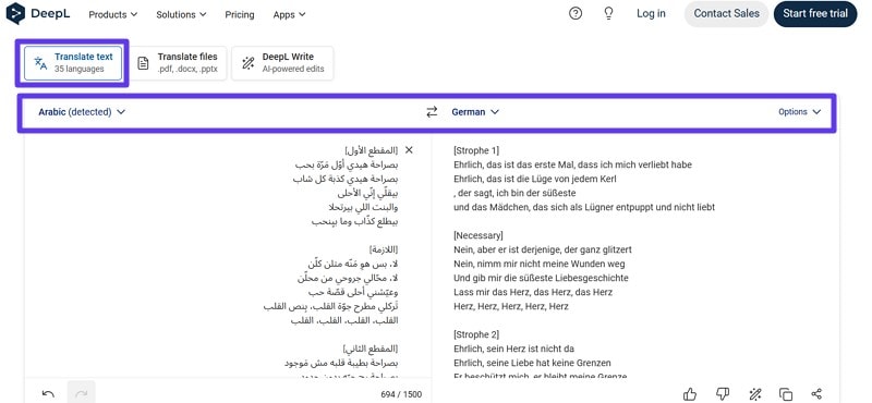 translate songs text with deepl translator
