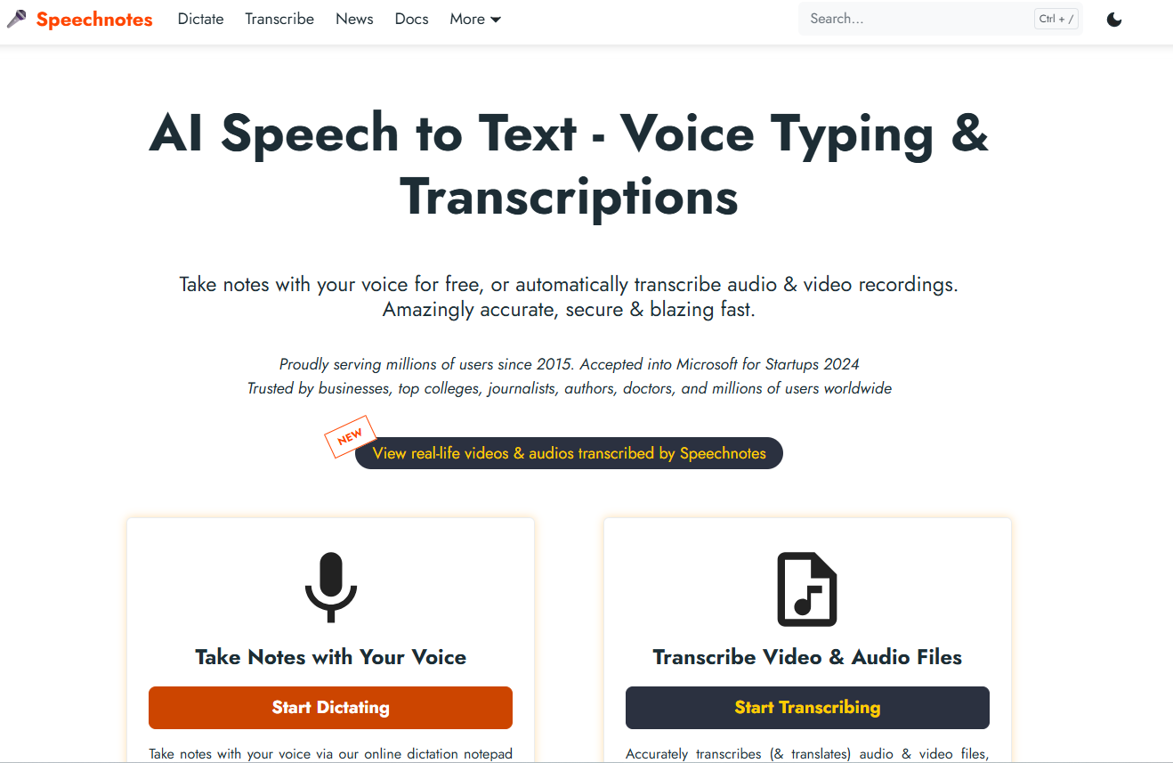 speechnotes dashboard