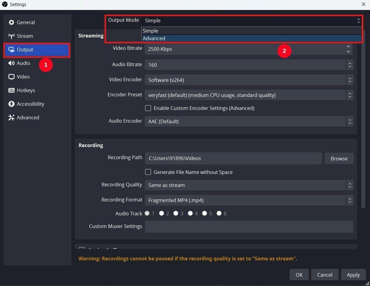 change output mode to advanced