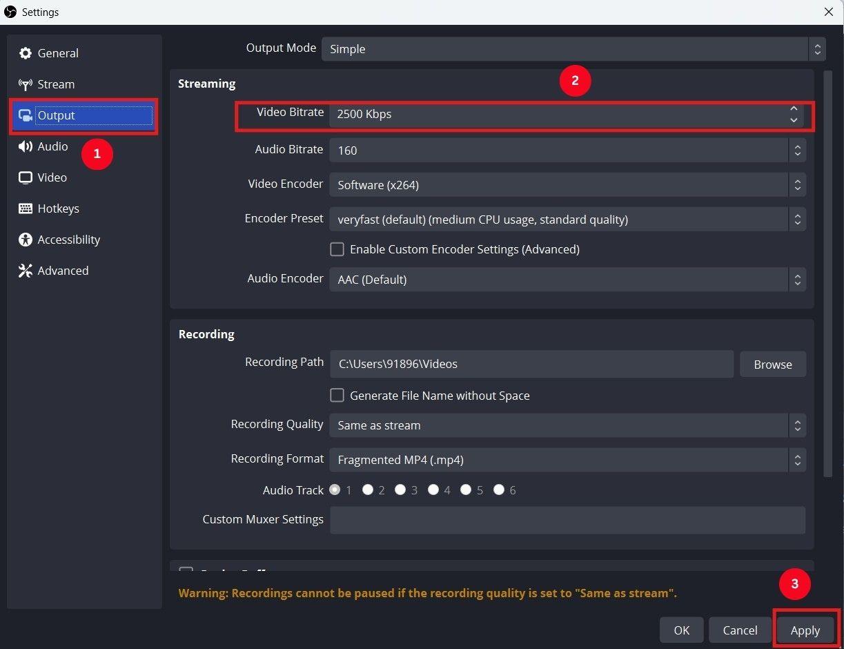 lower bitrate value on obs