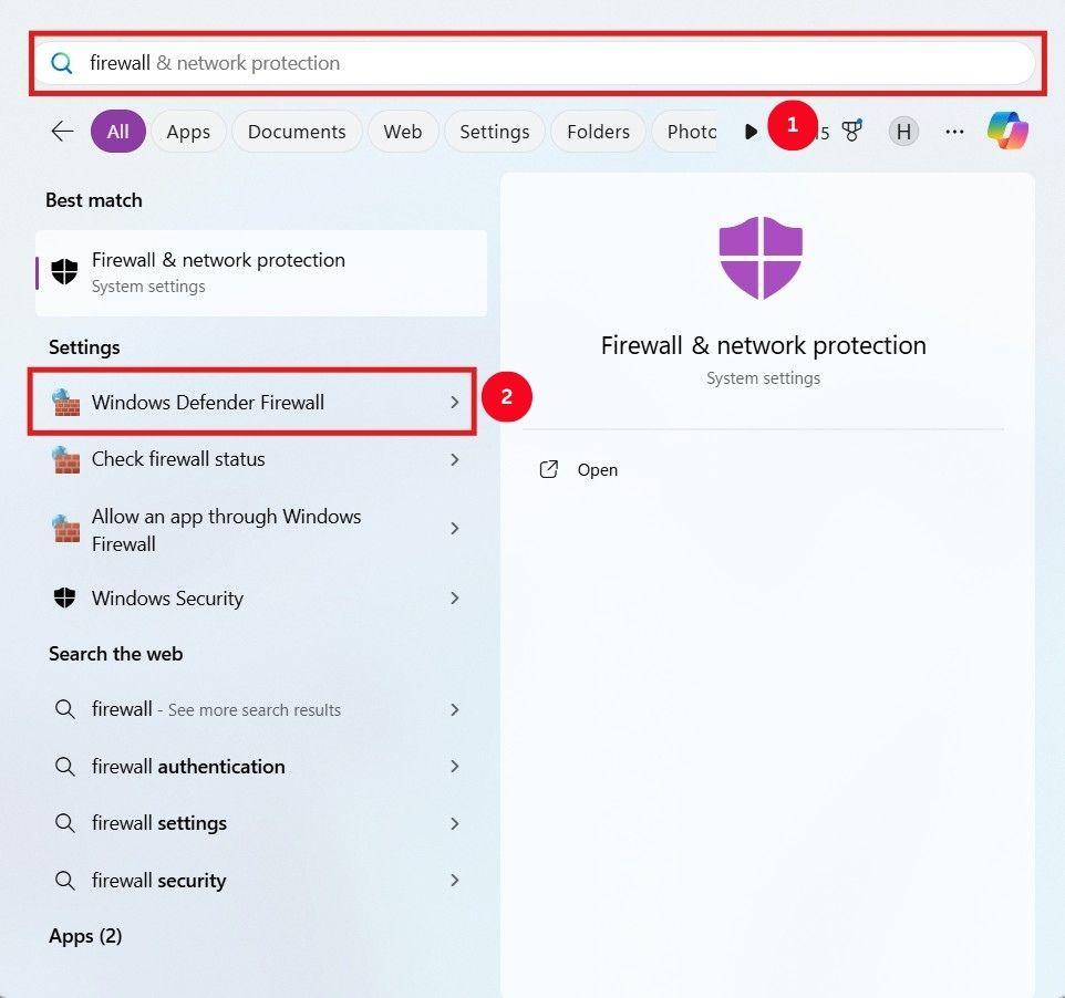 search for windows defender firewall