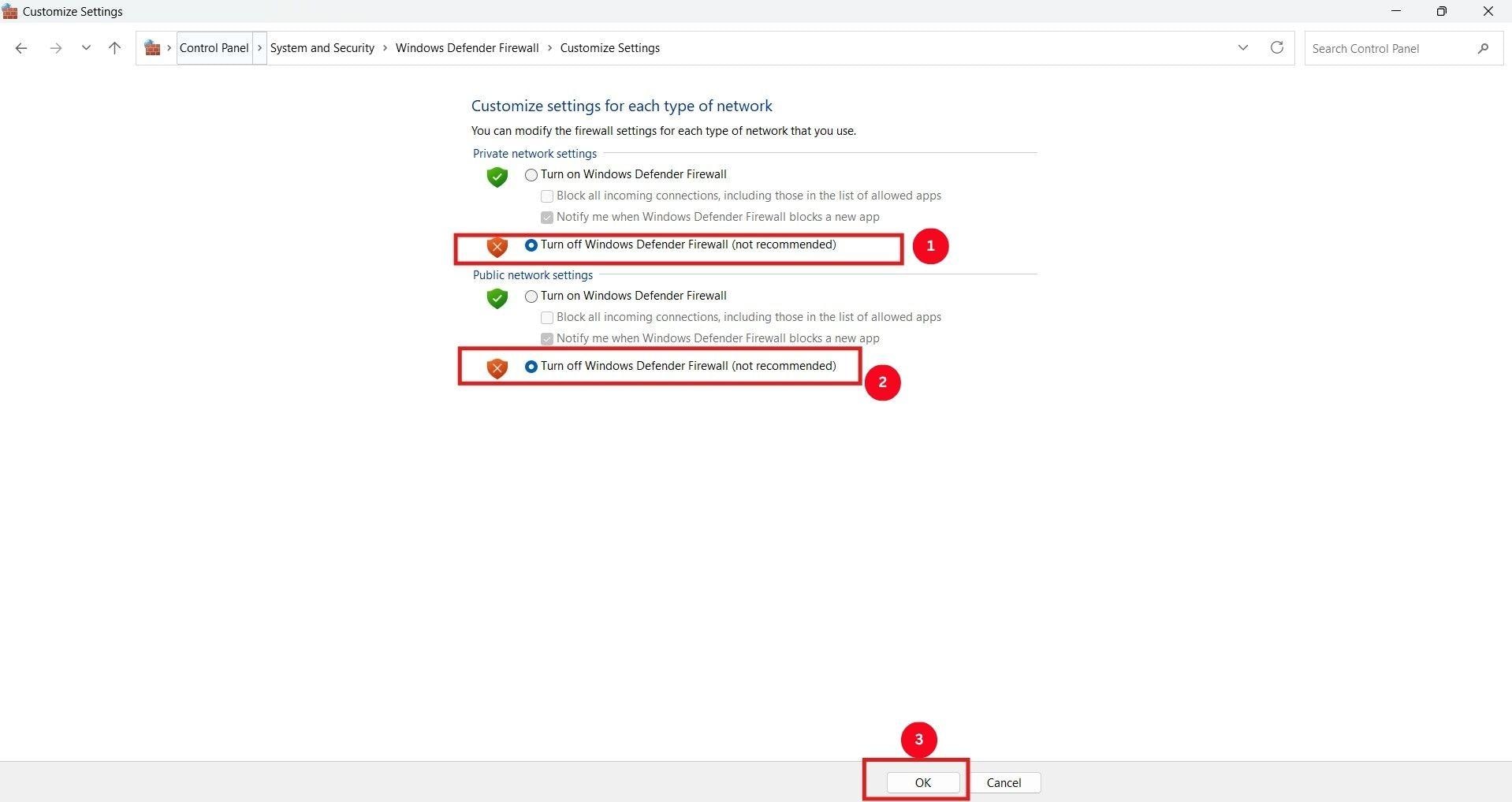 turn windows defender firewall settings off
