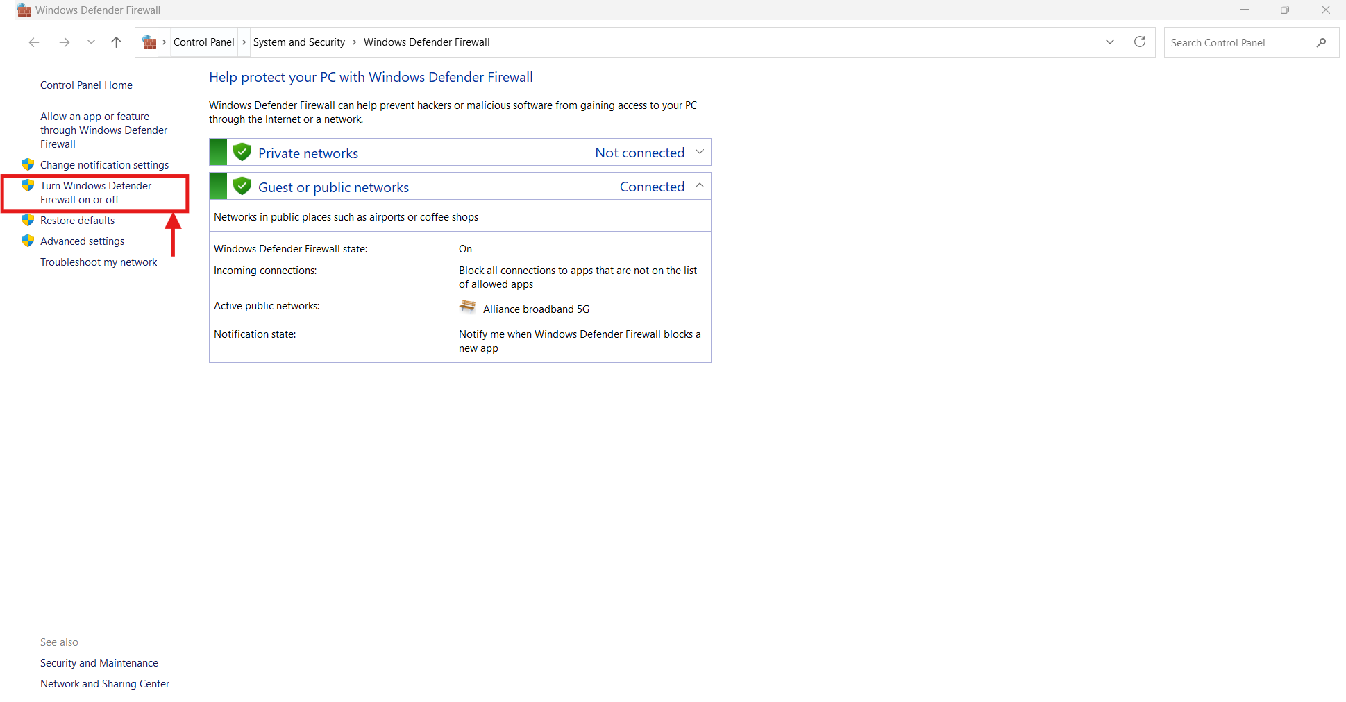 access windows defender firewall settings