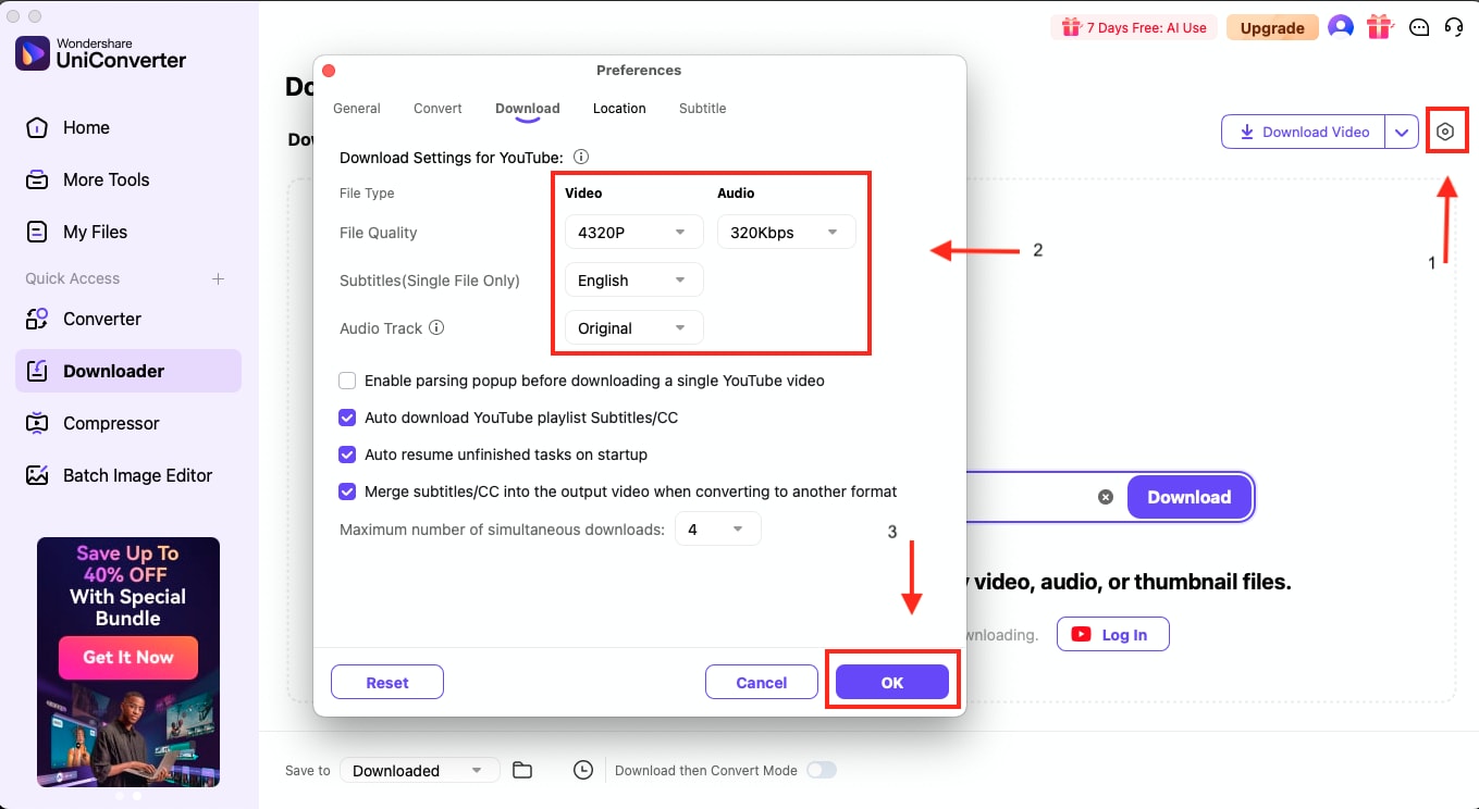 uniconverter download settings