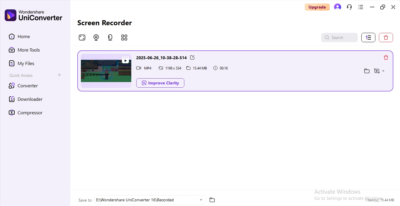Export screen recording in the UniConverter tool