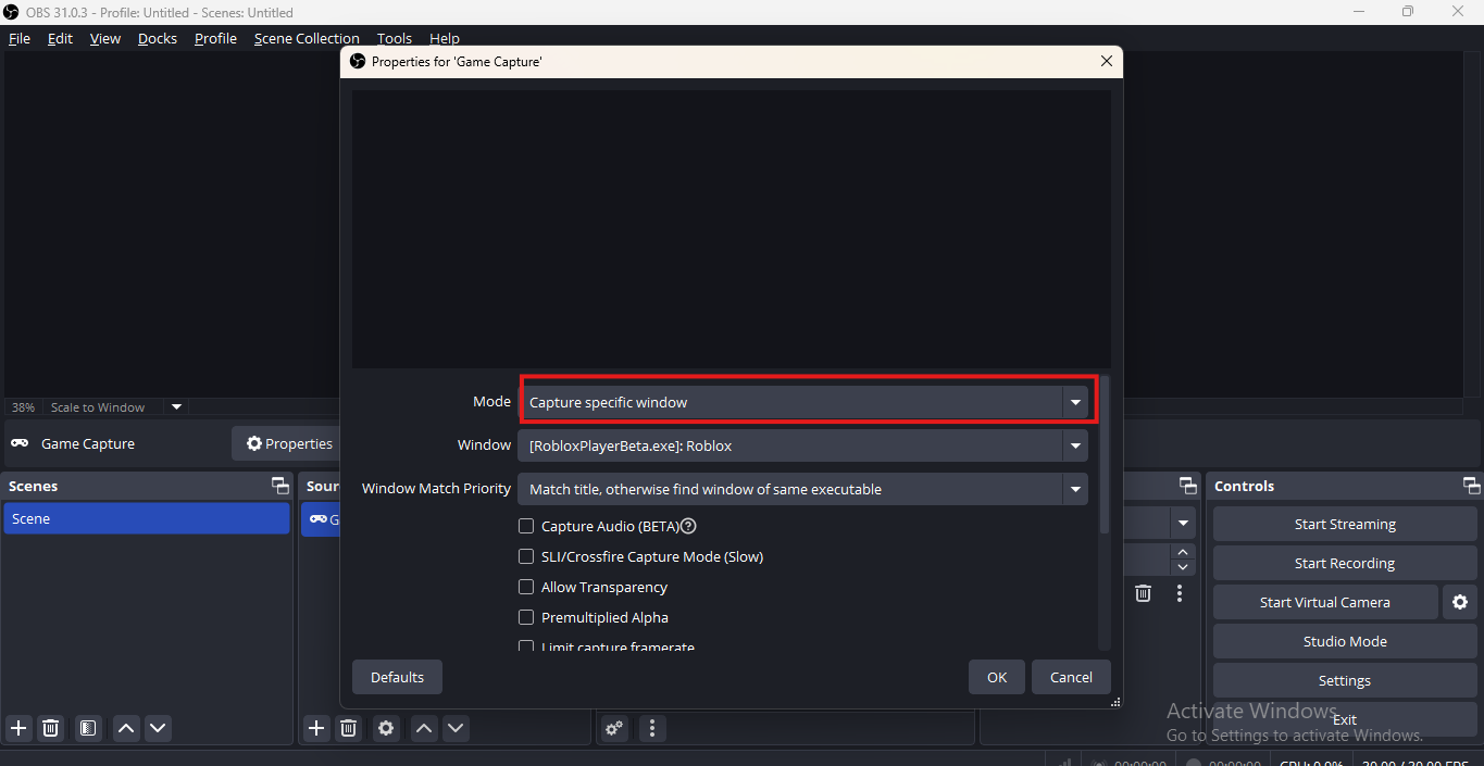 Specific window capture, OBS software
