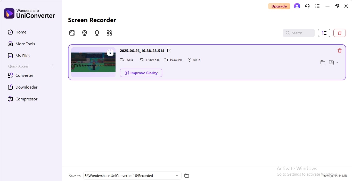 UniConverter screen recorder export page