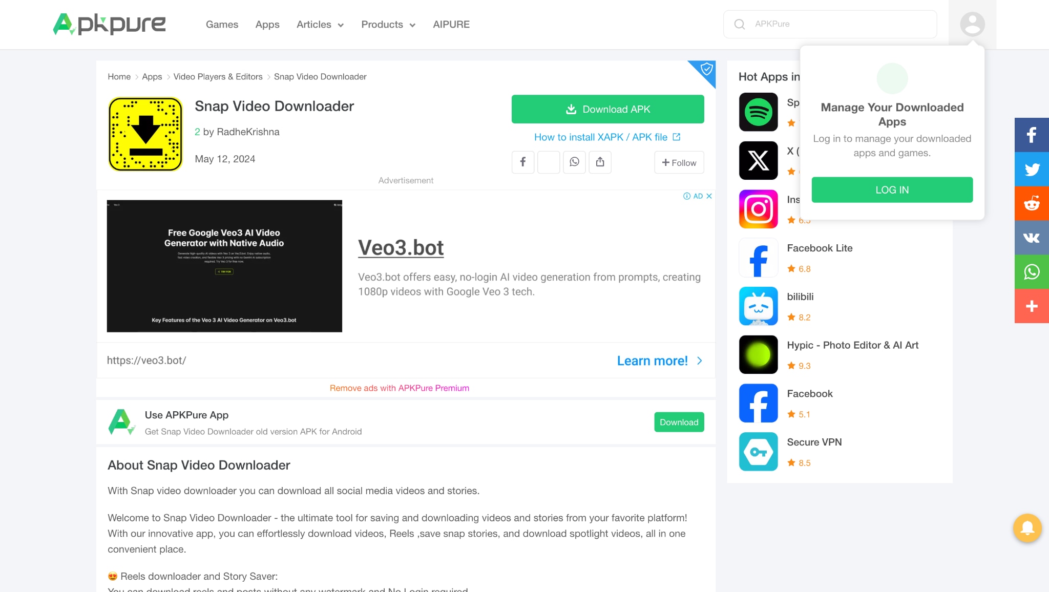 snap video downloader interface