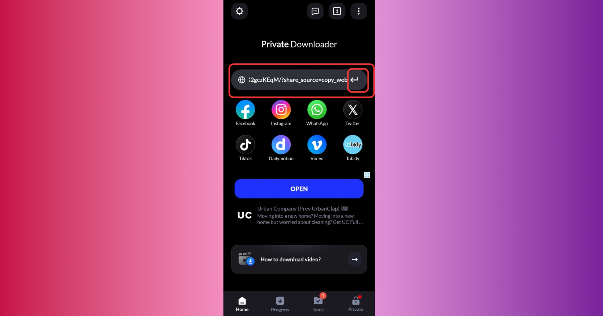 enter your link and hit the enter icon