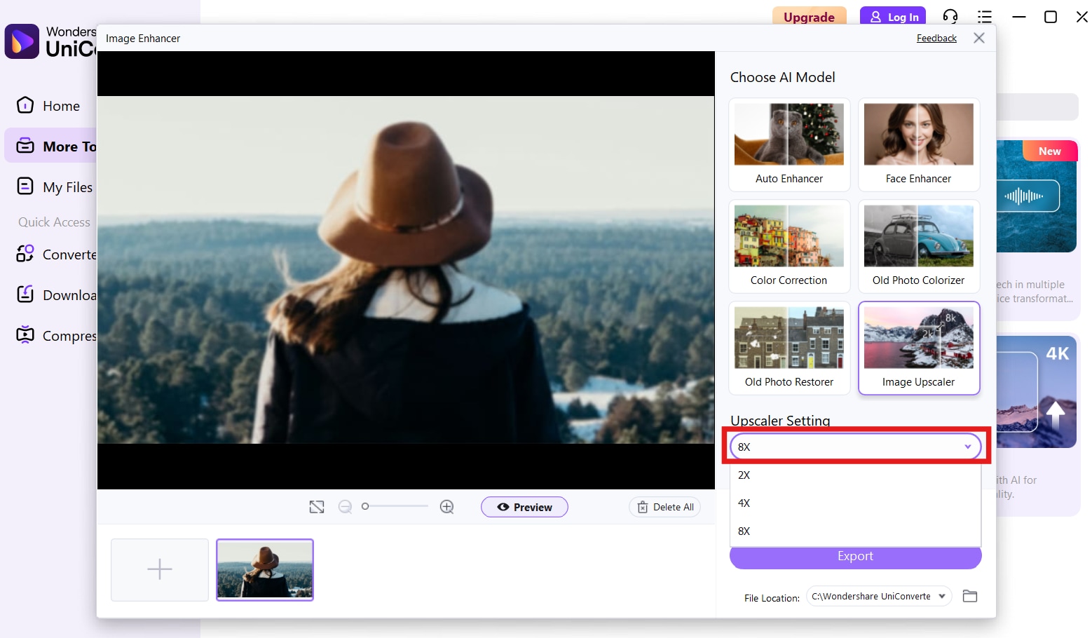 8x Upscale feature in the Image Enhancer by UniConverter