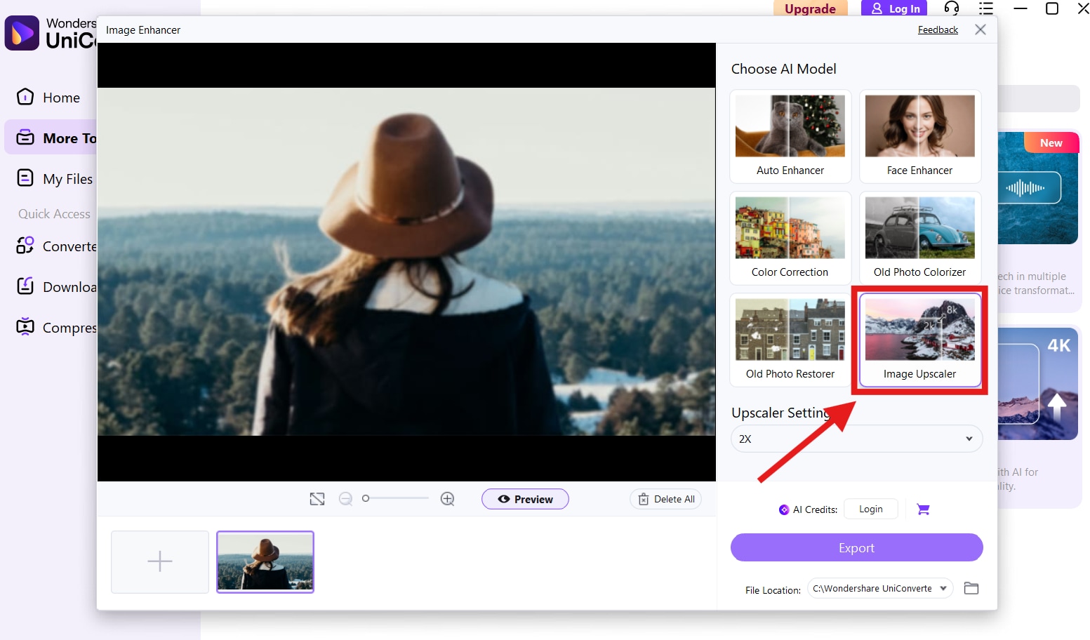 UniConverter Image Upscaler feature in the Image Enhancer