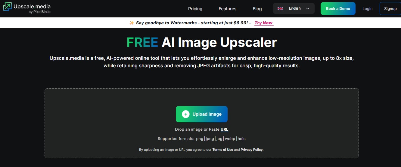 homepage image of upscale.media software from its official website
