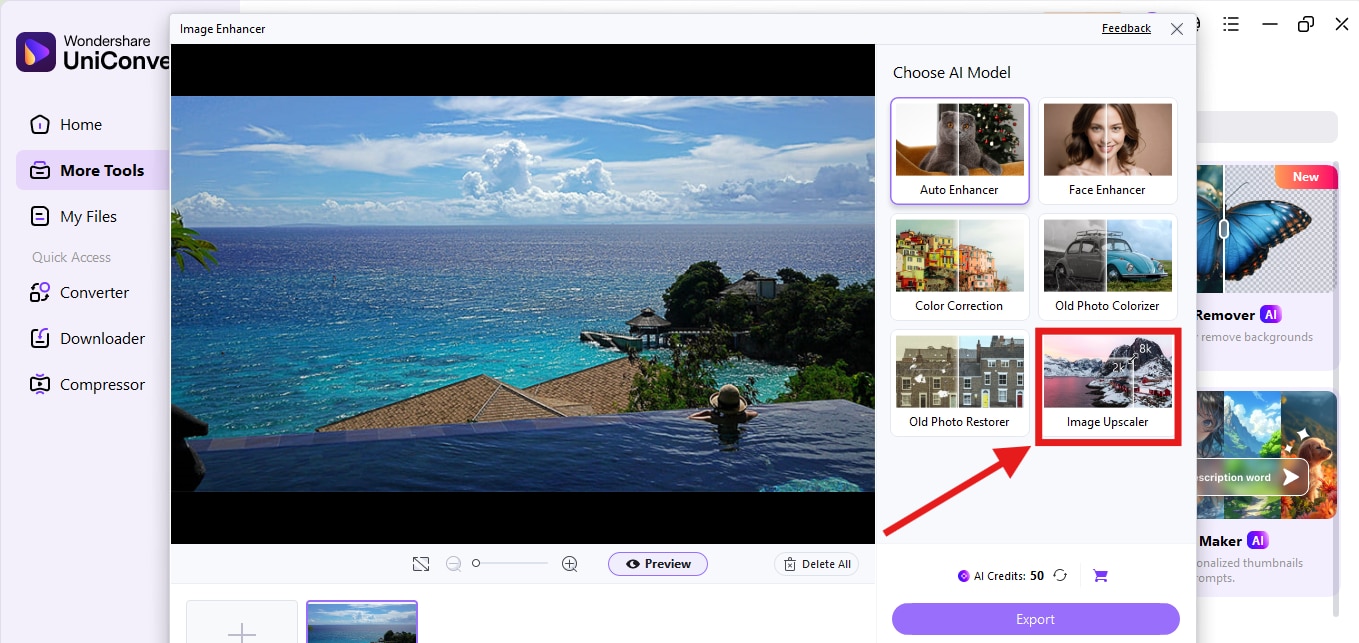 UniConverter Image Upscaler feature in the Image Enhancer