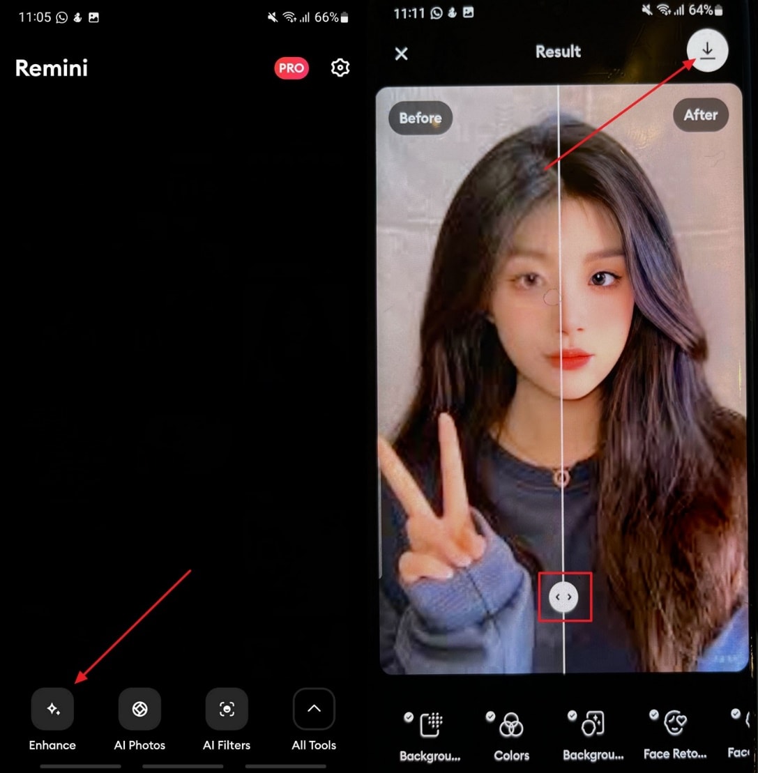 Remini: Auto‑Enhance nutzen und Bild exportieren