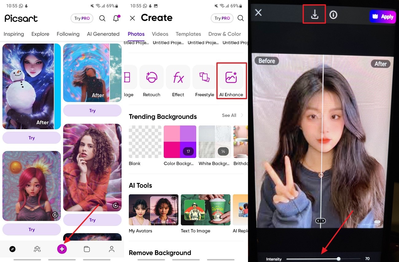 Picsart: KI‑Verbesserung öffnen und Intensität erhöhen