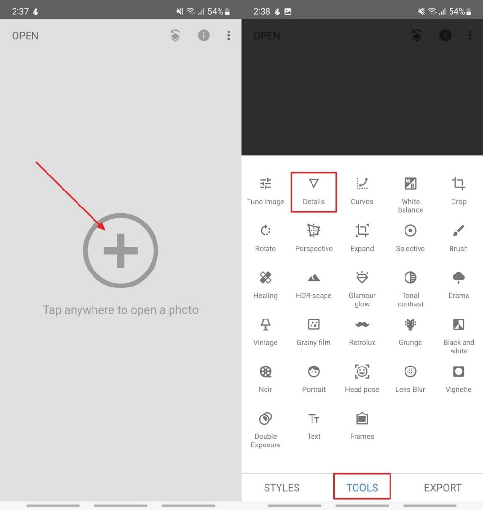 Snapseed: Details‑Werkzeug zum Bild schärfen öffnen