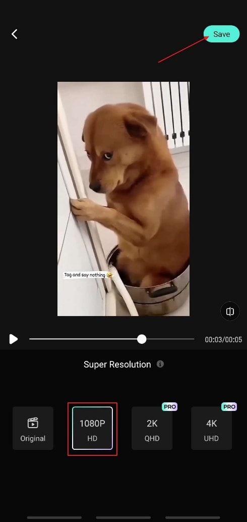 apply hd video quality hit save