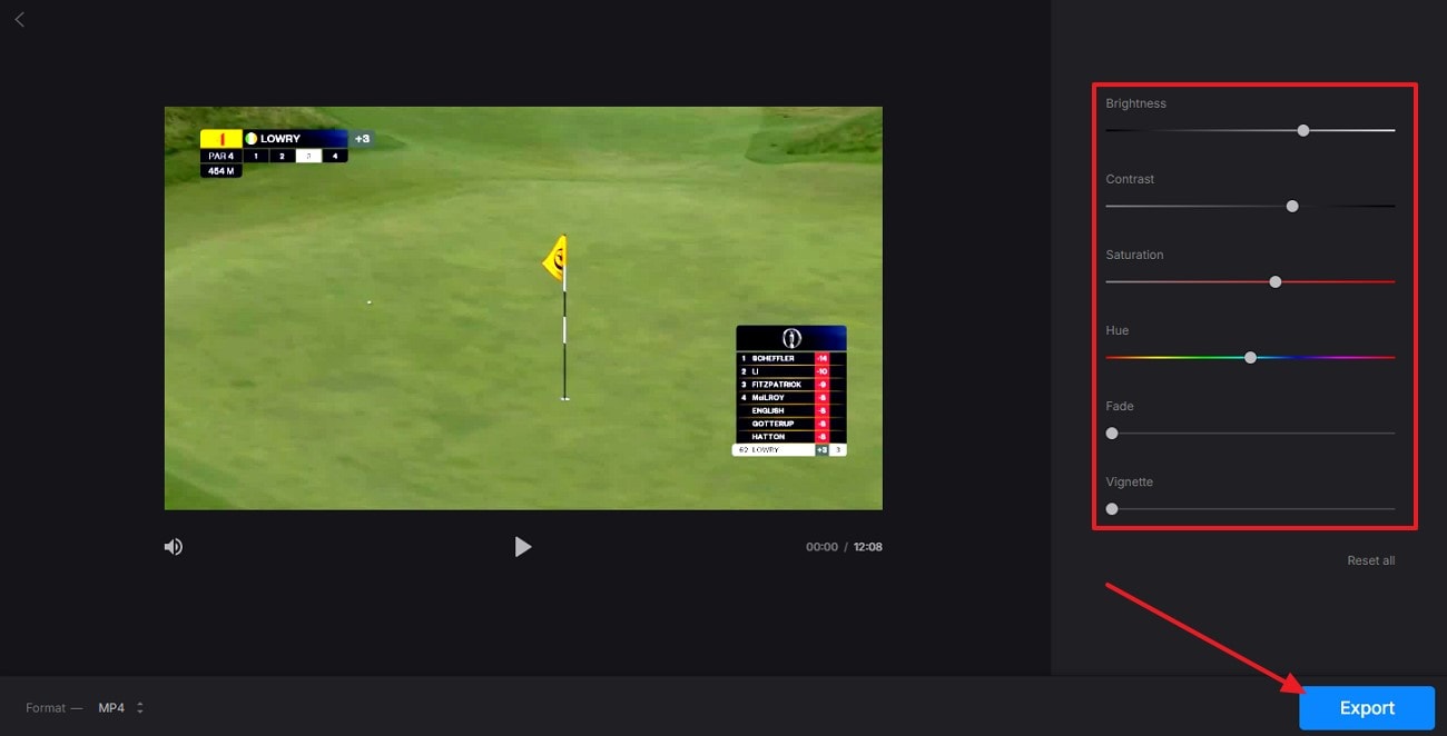 adjust video properties hit export