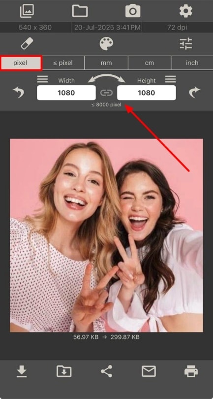 set pixels image size app