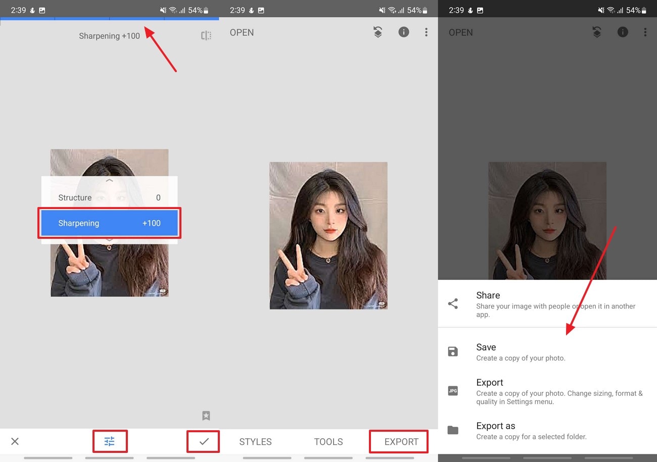 sharpen image ai save snapseed results