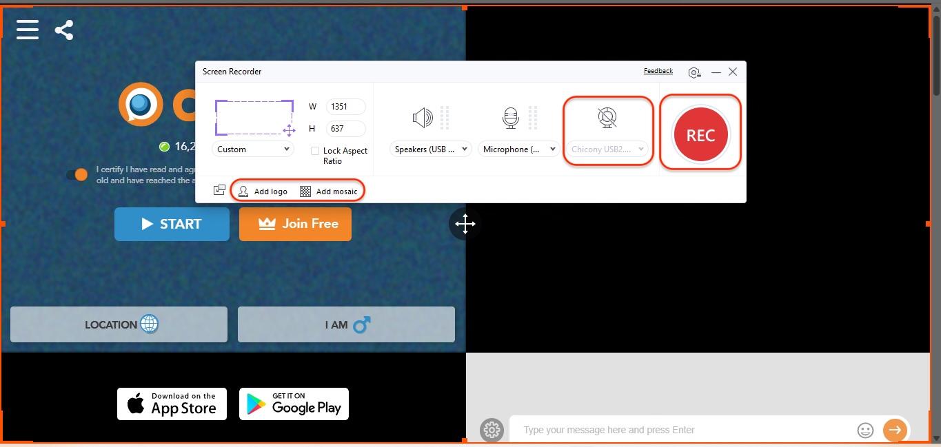 select the area and settings