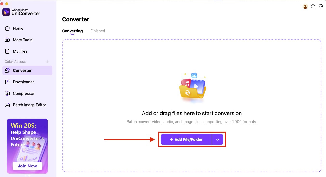 wondershare uniconverter add file