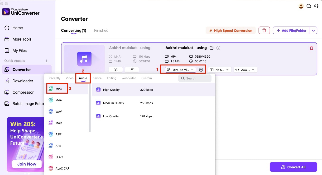 wondershare uniconverter choose mp3