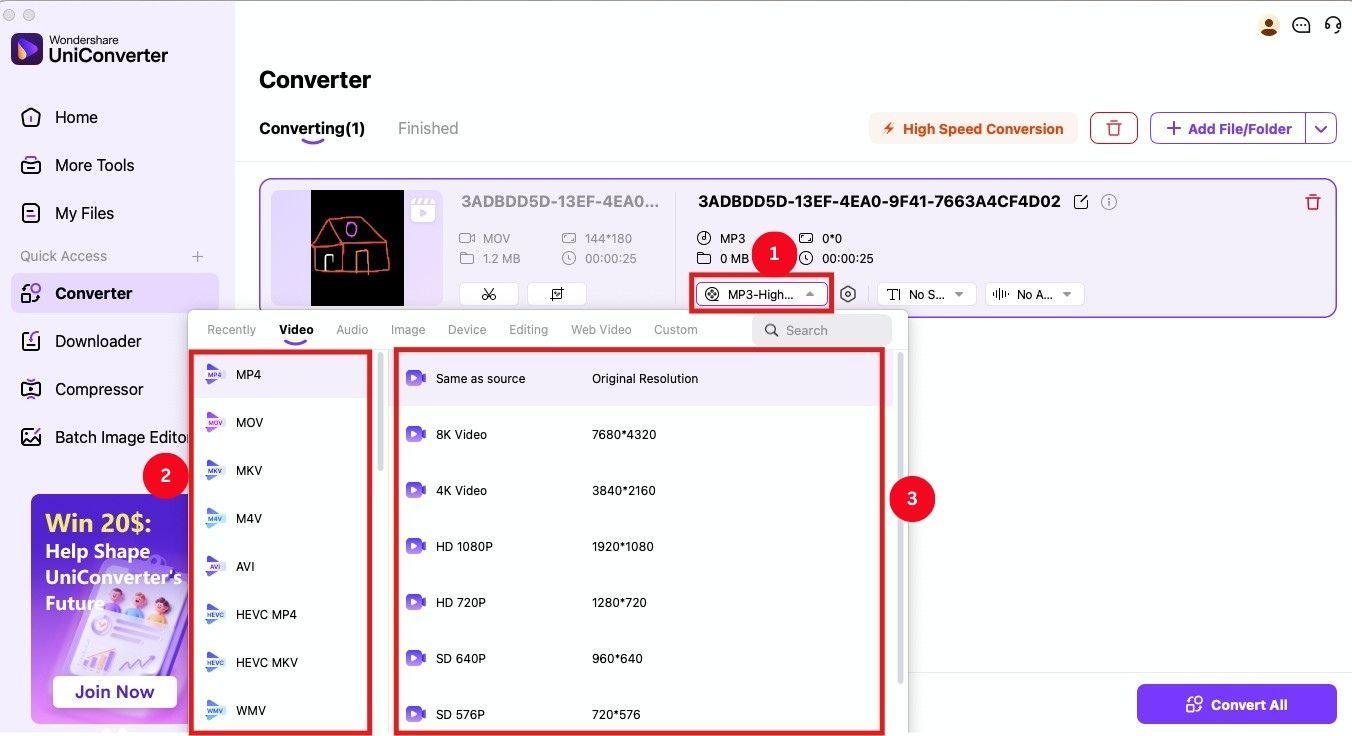 uniconverter select video file format