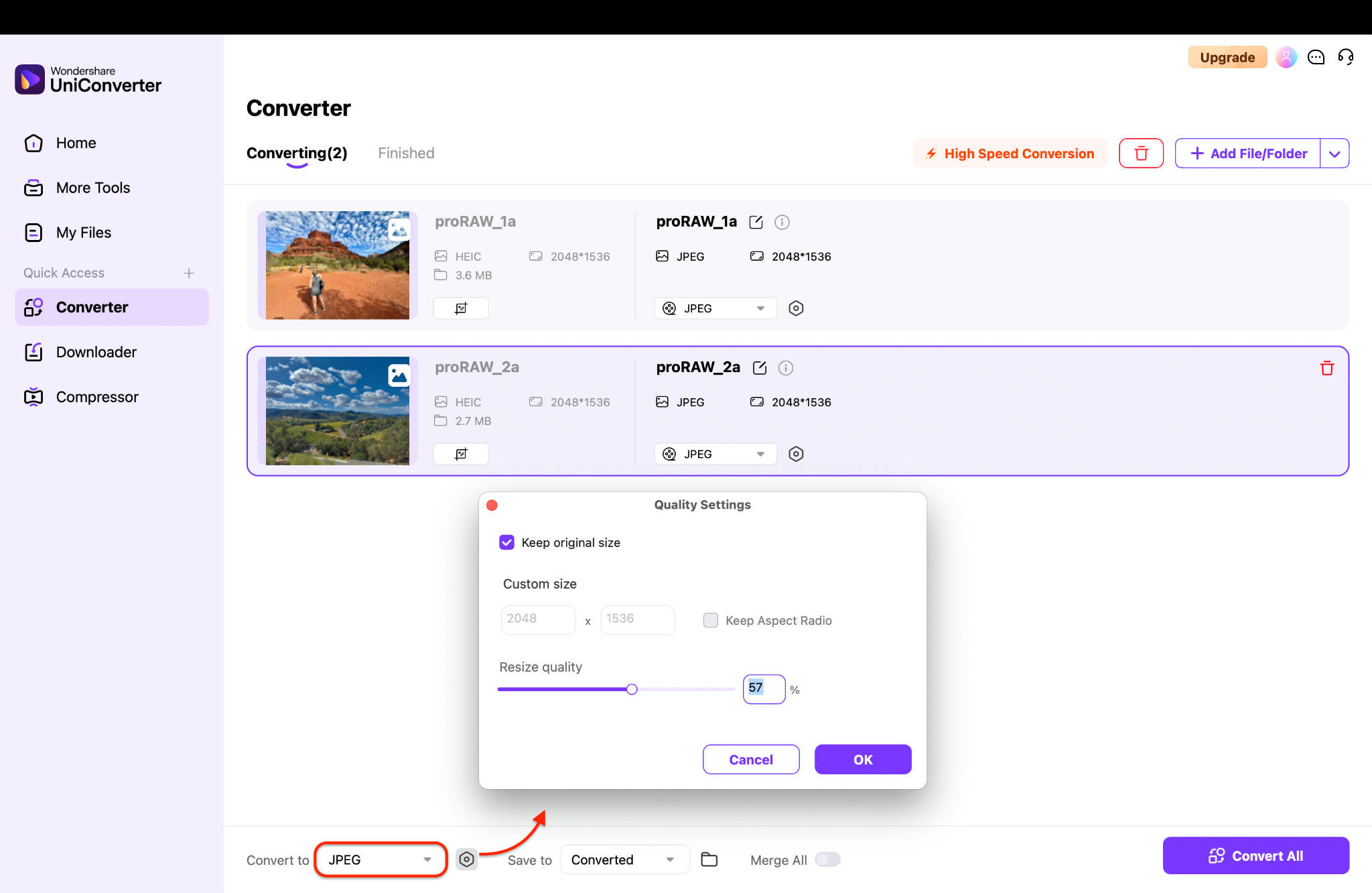 select format and slide to resize the quality