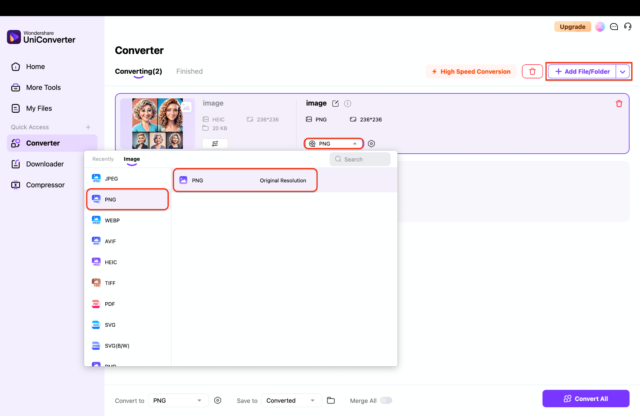 select the output format