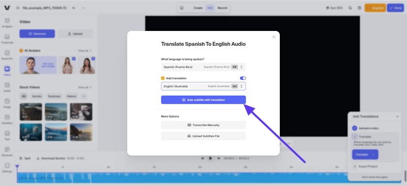  add subtitle translation to spanish audio translator