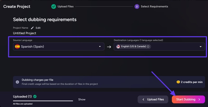 start dubbing in spanish to english audio converter