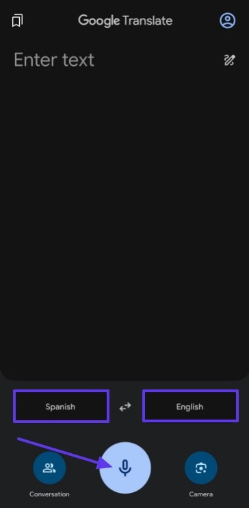 press microphone icon to translate spanish to english speak