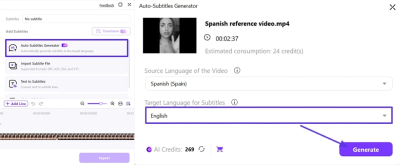 generate subtitles with spanish voice translator