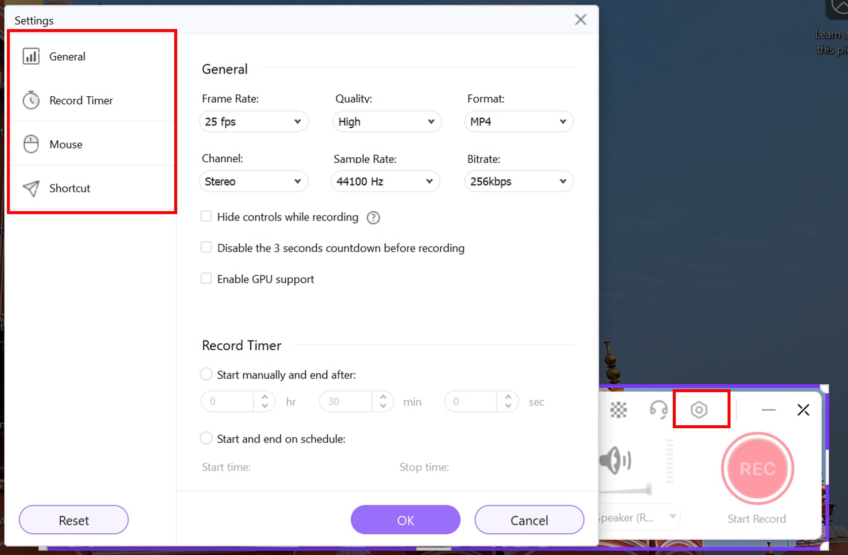 Ajustar configurações de gravação – qualidade, FPS e formato