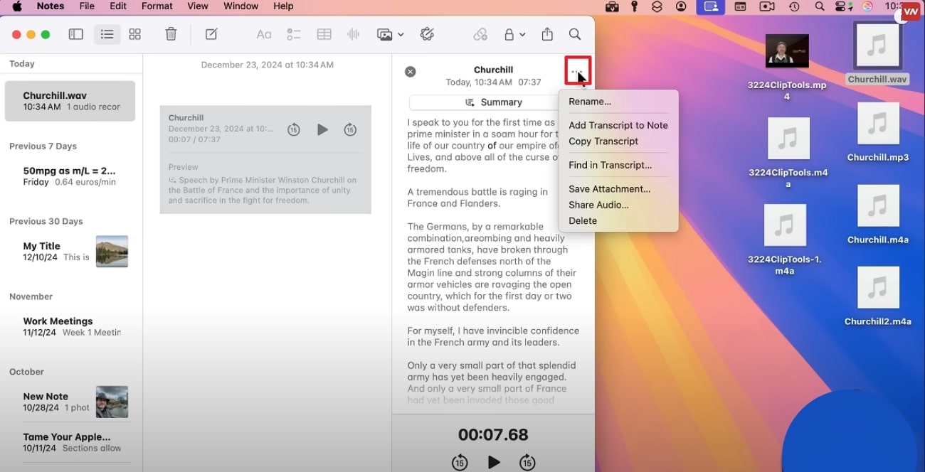 copy transcript from notes app