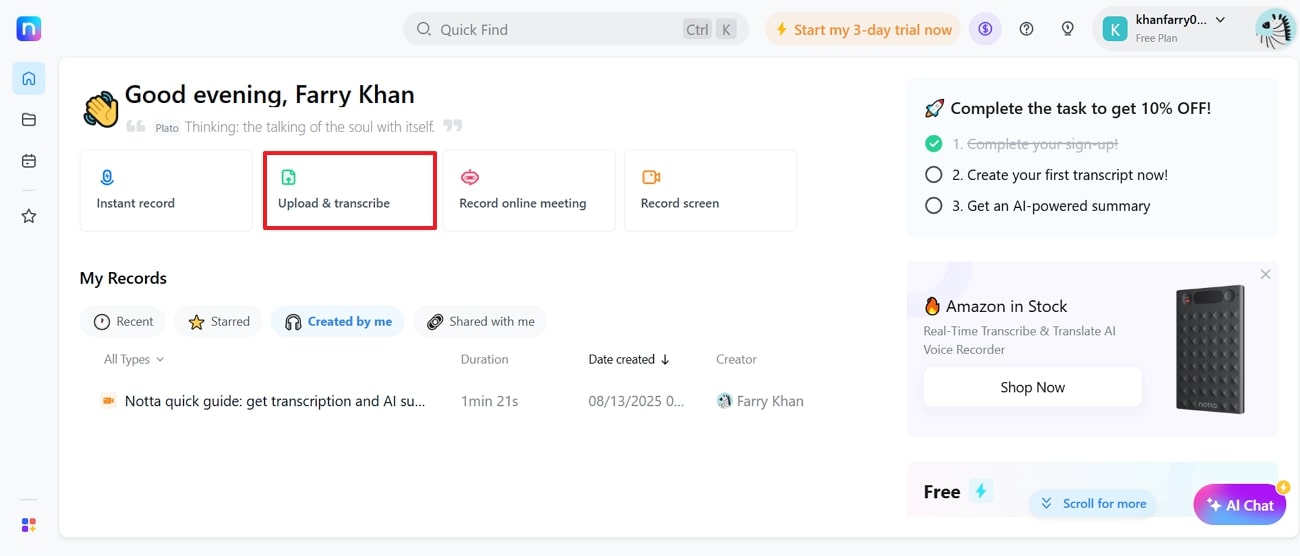 click upload & transcribe notta