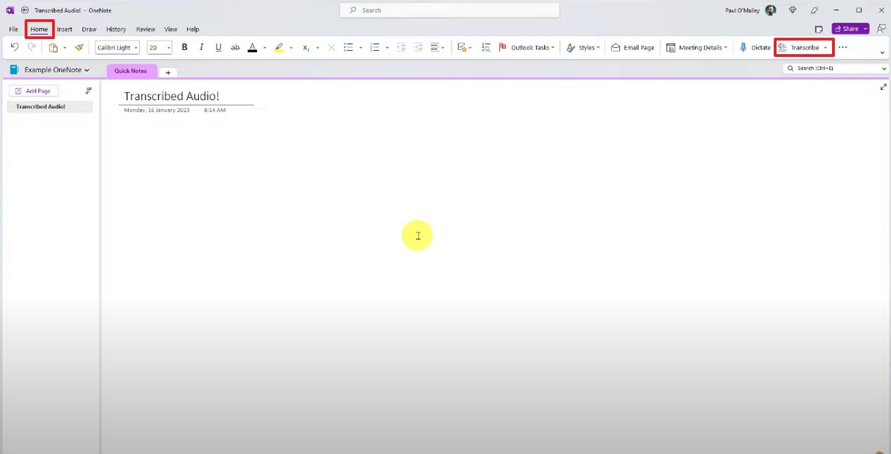 choose home click transcribe onenote