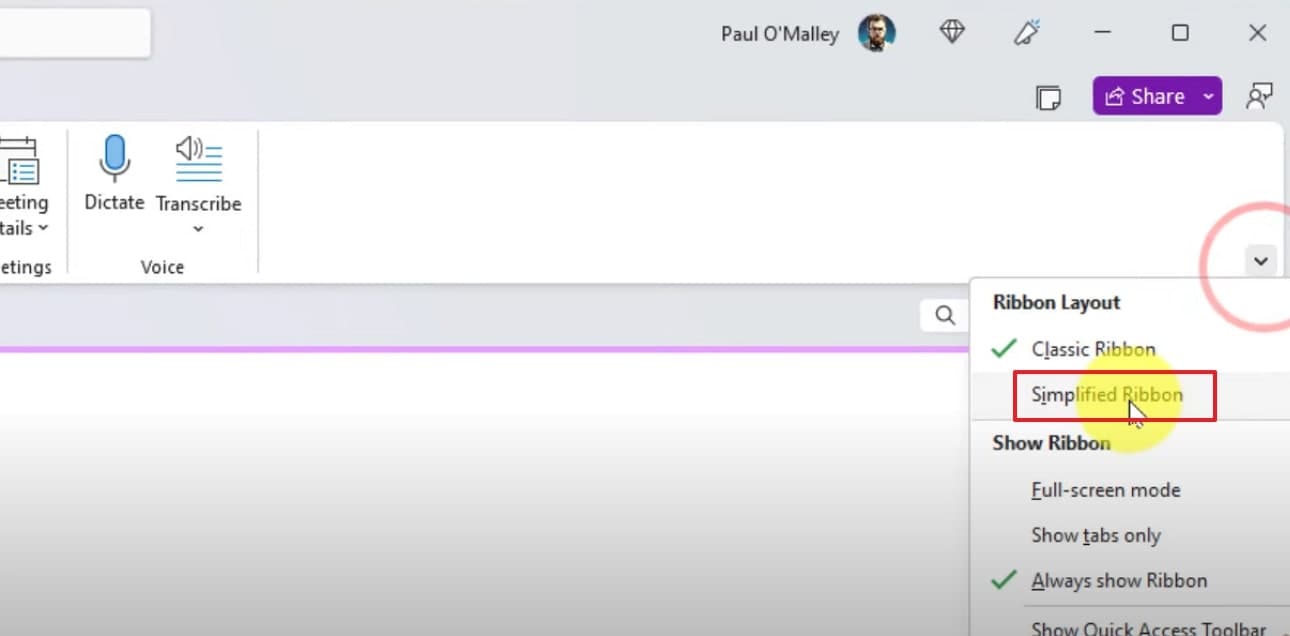 select simplified ribbon onenote