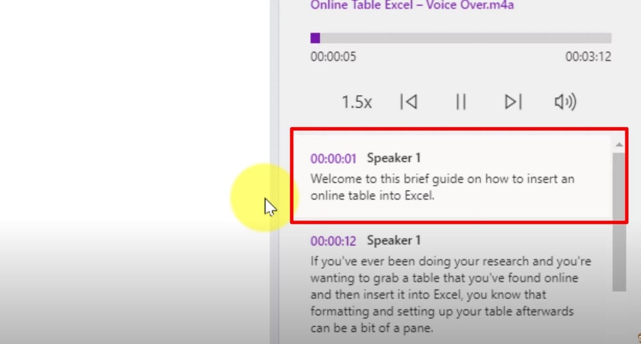 copy the transcribed text onenote
