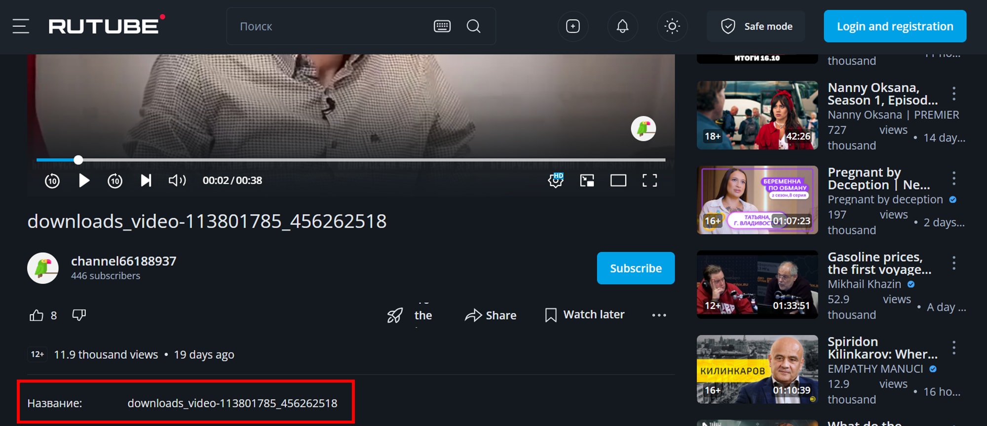 RuTube-Player mit möglichen Download-Optionen