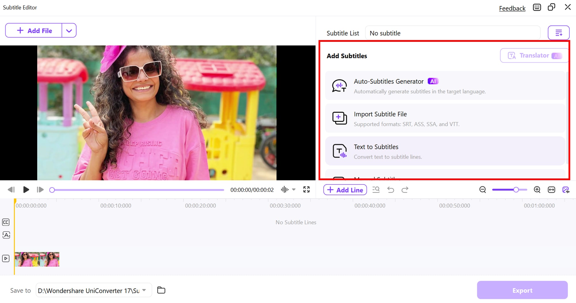 Untertitel-Optionen in UniConverter auswählen