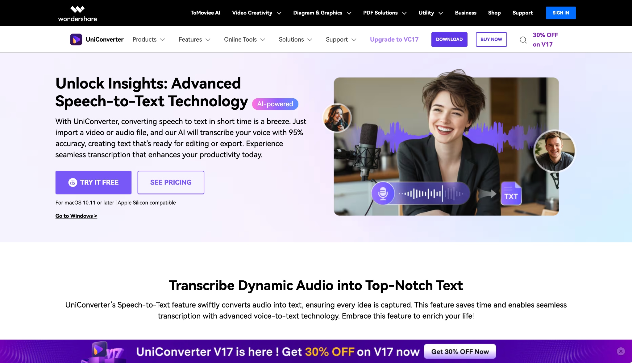 uniconverter speech to text interface
