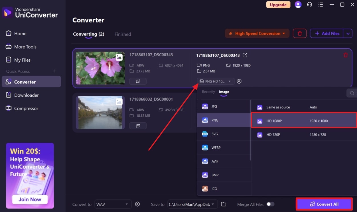 JPG-Format auswählen und ARW konvertieren